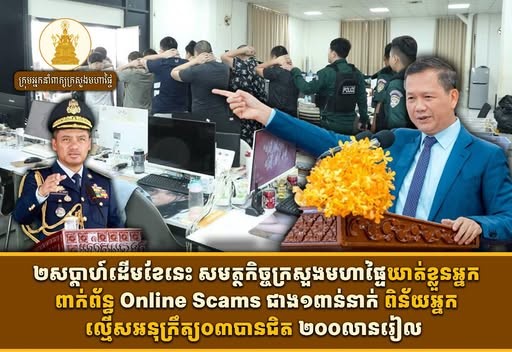ក្រសួងមហាផ្ទៃ ឃាត់ខ្លួនមនុស្សជាង ១,៣០០នាក់ ក្នុងប្រតិបត្តិការបង្ក្រាបការឆបោកអនឡាញ ២សប្តាហ៍ដើមខែមិថុនា